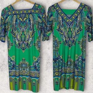 Studio One New York Green‎ Midi Dress Size 6 Stretch Boho Print 3/4 Length Boho